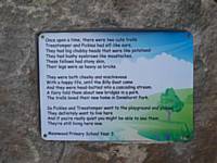 The story of the two trolls created by the students of Meanwood. The rock was specially cut so the sign could fit in perfectly. 
